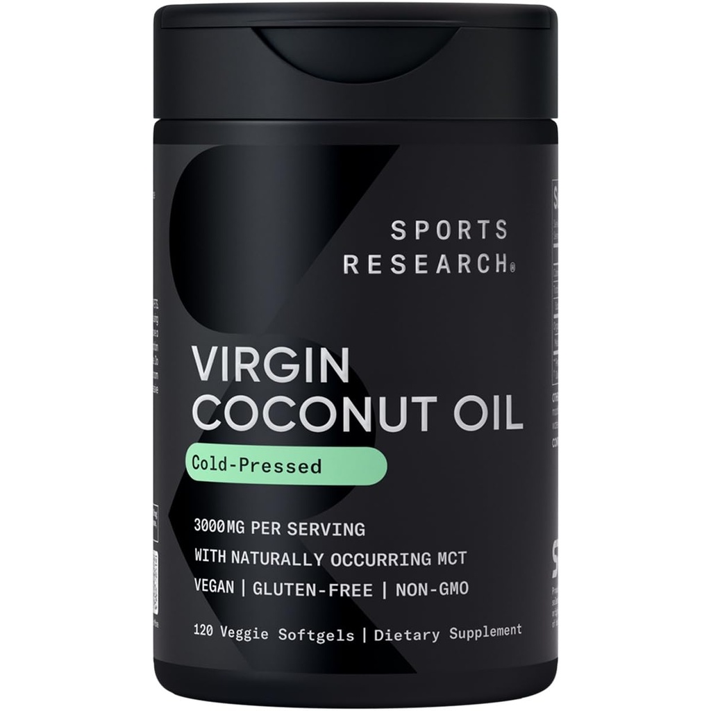 Sports Research® Organic Coconut Oil Capsule 3000MG - Olio Extra Vergine di cocco pressato a freddo con Trigliceridi a catena media (MCT) - Vegan Friendly & Non OGM Verificato - 120 Softgels