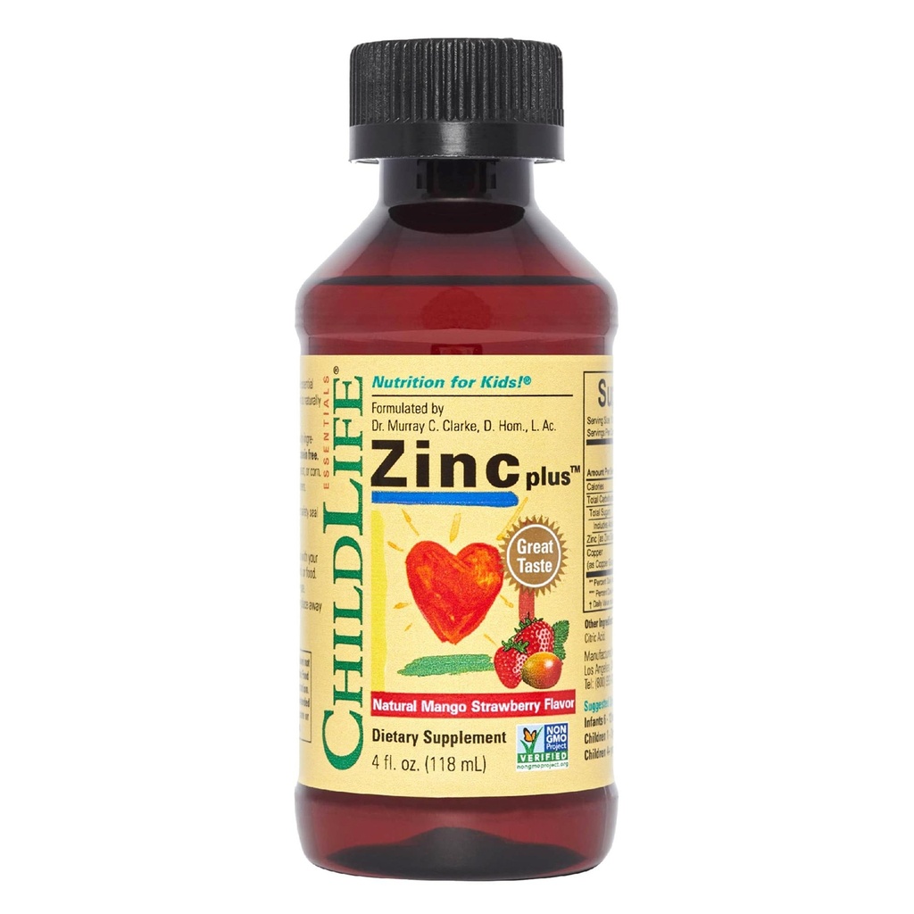 CHILDLIFE ESSENTIALS Liquid Zinc Plus per Bambini & Toddler - Liquido Supplemento Gocce, Zinc Gluconate & Copper per Supporto Immune - Mango Strawberry, 4 Fl Oz (Pack of 1)