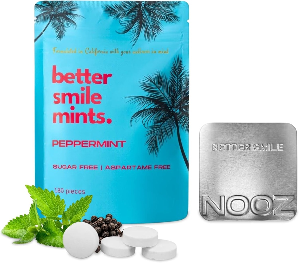 NOOZ Better Smile Mints – 180 Count | Supporto per la salute orale e il respiro fresco | Gum & Teeth Care, pH Balance | Sugar-Free, Aspartame-Free | Peppermint Flavor | Include Premium Tin ricaricabile