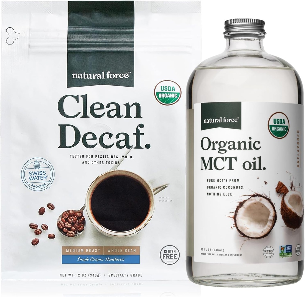 Natural Force Organic Clean Decaf Coffee + Organic MCT olio Bundle – 100% Pure Coconut MCTs & Mold & Mycotoxin Free Coffee – Non-GMO, Keto, Paleo, e Vegan - 12 Oz e 32 Oz