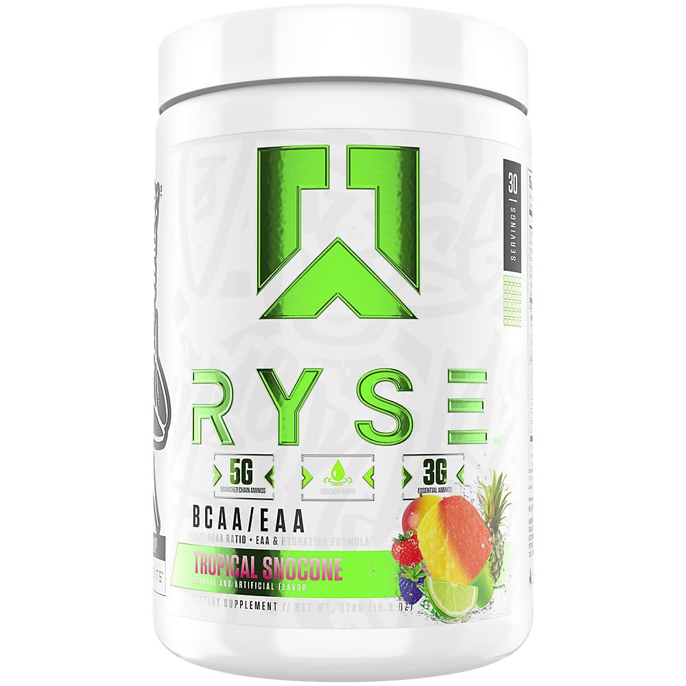 RYSE BCAA polvere - Snocone tropicale - 5g aminoacidi a catena ramificata, 3g aminoacidi essenziali, elettroliti senza zucchero per il recupero del muscolo, resistenza, idratazione e resistenza - 30 Serve