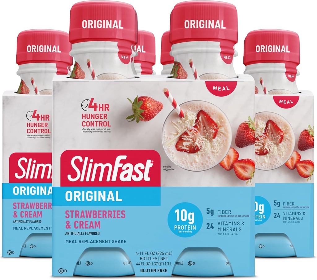 SlimFast Meal Sostituzione Shake, Fragole Originali & Cream, 10g di Pronti a Bere Proteine per Perdita di Peso, 11 Fl. Oz Bottiglia, 4 Conte (Pack of 3) (Packaging May Vary)