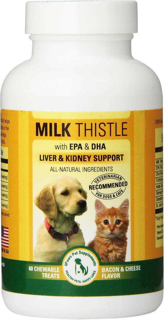 Integratore per cani e gatti con DHA, EPA, Silymarin e Vitamina B (B1 B2 B6 B12) per prevenire il fegato e la malattia del rene - 60 Trattali masticabili - Aroma di formaggio di bacon
