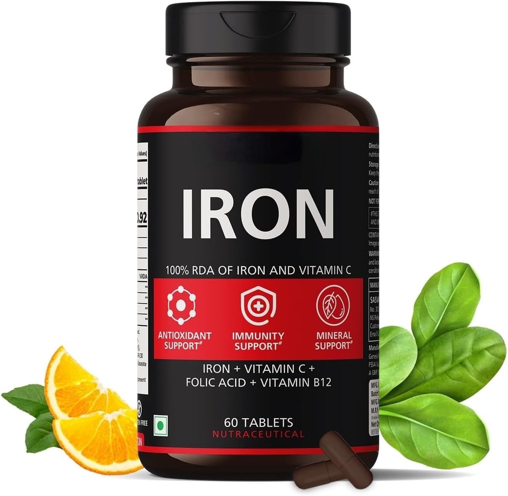 Supplemento di ferro per le donne e gli uomini con vitamina C, acido folico & vitamina B12 - Le compresse di ferro aiutano l'energia - 60 compresse di veg