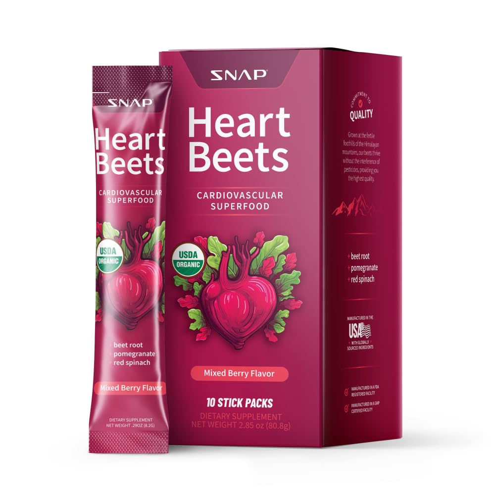 Snap Supplements Bacchette di cuore Bacchette, Miscela di bevanda di radice di barbabietola organica, Supporto cardiovascolare per uomini e donne, Beets, Pomegranate & Red Spinach, Booster di ossido nitrico, Bacca mista, 10 Serve