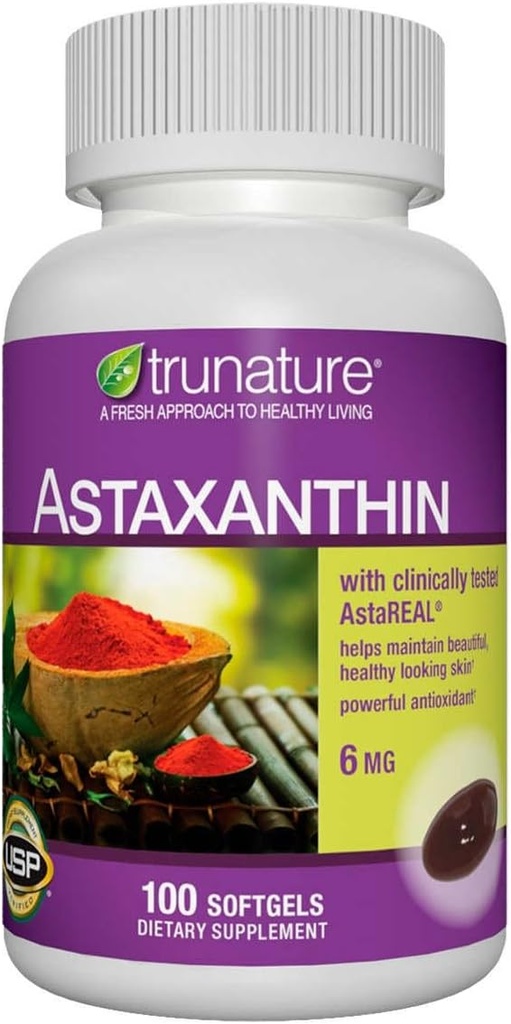 Trunatur Generico Astaxanthin 6 mg. - Migliora l'elasticità della pelle, l'umidità, la texture e il tono - 100 Softgels