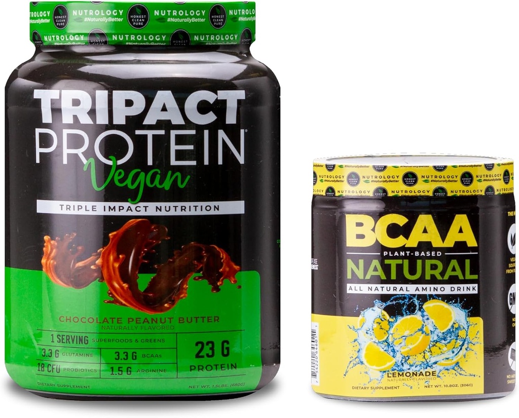 Nutrologia TRIPACT Vegan Protein Powder, per Vegan Protein Shakes, Burro di arachidi al cioccolato (20 Serve) BCAA naturale, Polvere BCAA a base vegetale, Limonata Flavor (30 Serve)