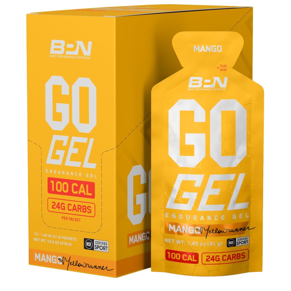 BARE PERFORMANCE NUTRITION, BPN Go Gel Endurance, 24g di carboidrati & 100 Calorie per confezione, Vegan + Gluten Free Running Gel, 10 Single-Serving Pack, Mango