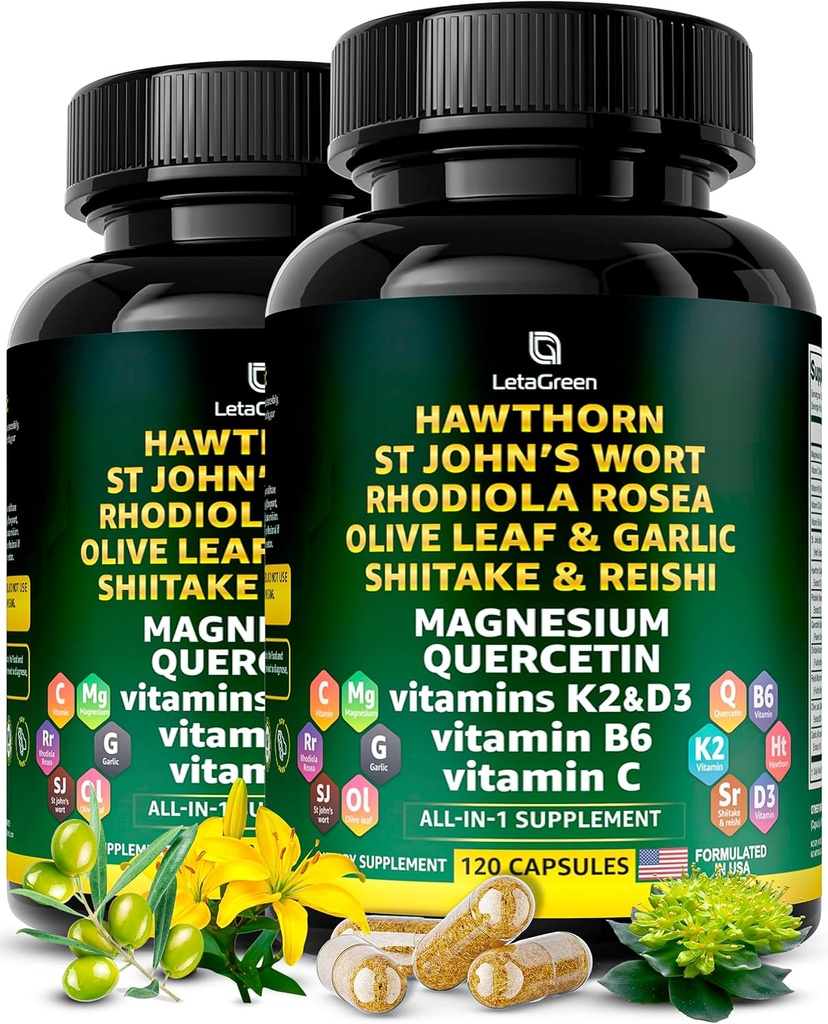 Capsule di bacche di biancospino biologico - Berry di biancospino con San Giovanni Wort Rhodiola Rosea Olive Leaf Shiitake Reishi Mushroom Quercetin & Vitamina C, D3, K2, B6 & Magnesium (240 Conte)