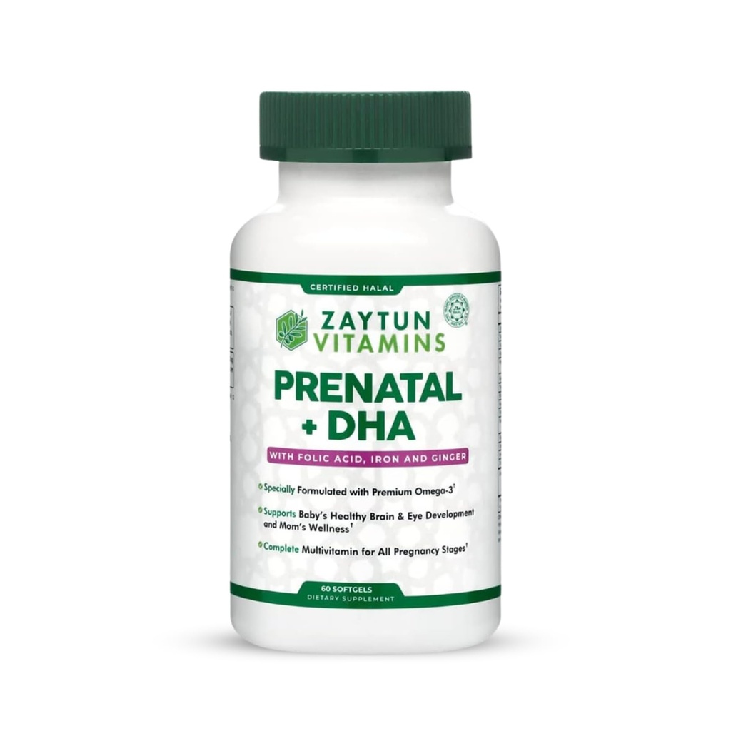 Vitamine prenatali Halal + DHA, Ferro acido folico, Ginger per lenizione, Un giorno, per tutte le fasi di gravidanza, senza glutine, non OGM, 60 Softgels, 2 mesi di alimentazione, USA Made, Vitamine Halal