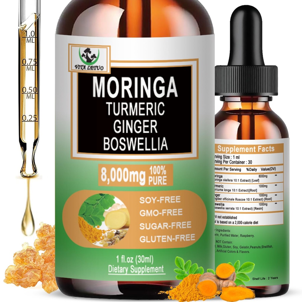 Gocce di Moringa - Estratto di foglie di Moringa Organico Liquido con zenzero currico Boswellia per l'energia, la salute della pelle, la salute del fegato - Superfood verde ad alto assorbimento w/ Vitamine e aminoacidi essenziali