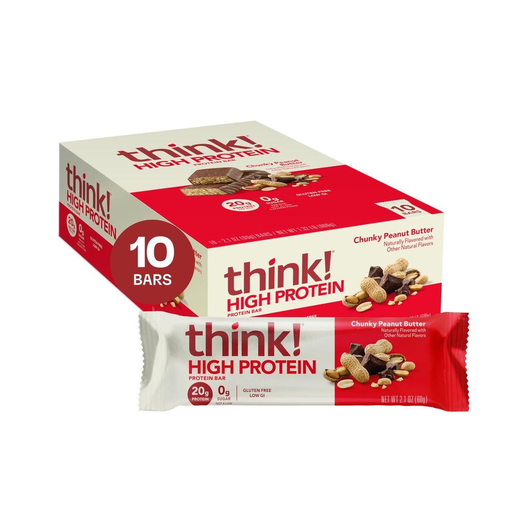Pensa! Barre di proteine, Spuntini ad alta proteina, senza glutine, Kosher Friendly, Burro di arachidi cocciuto, Barre di nutrizione, 2,1 Oz per bar, 10 conte (Piccolo Vario di maggio)
