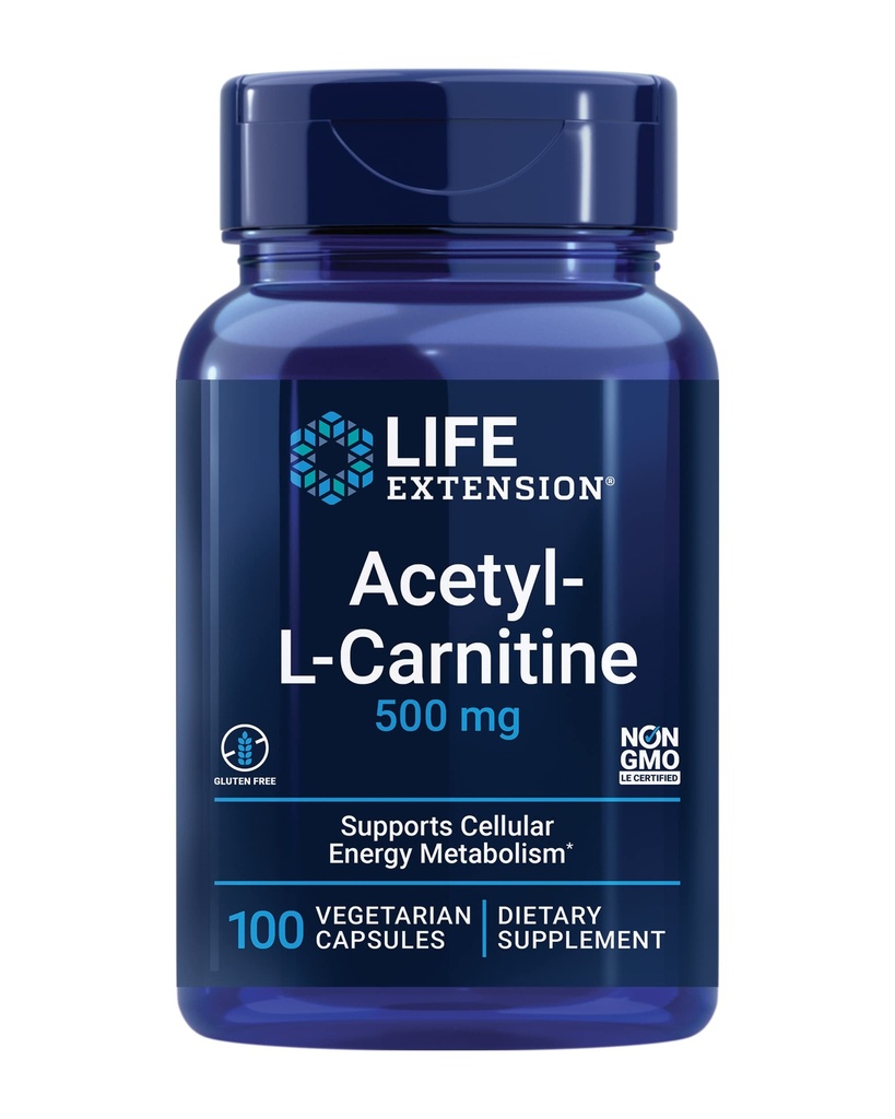 Estensione della vita Acetil-L-Carnitina, Acetil-L-Carnitina, Vitamina C, Cervello, Mood & Nerve Salute, Energia cellulare, Alimentazione 3 mesi, Senza glutine, Non OGM, Vegetariano, 100 capsule