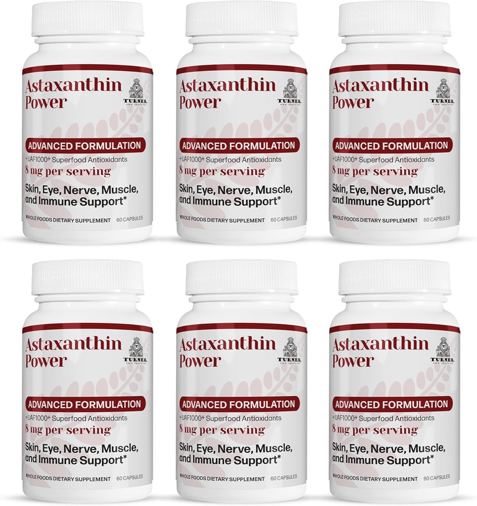 TURNER Nuova Zelanda Astaxantina Potenza con UAF1000+, Anti-invecchiamento, Pelle, Occhio, Neve, Recupero Muscolare, Supporto Immune Antiossidante Supplemento, 12 mg Astaxantina, 180 Serve, 6 bottiglie