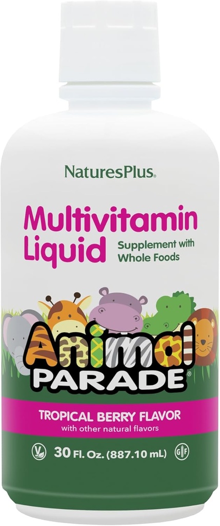 NaturesPlus Animal Parade Source of Life Children's Liquid Multivitamin - Tropical Berry Flavor - 30 fl oz - Integratore Alimentare Intero - Vegetariano, Senza Glutine - 60 Serve