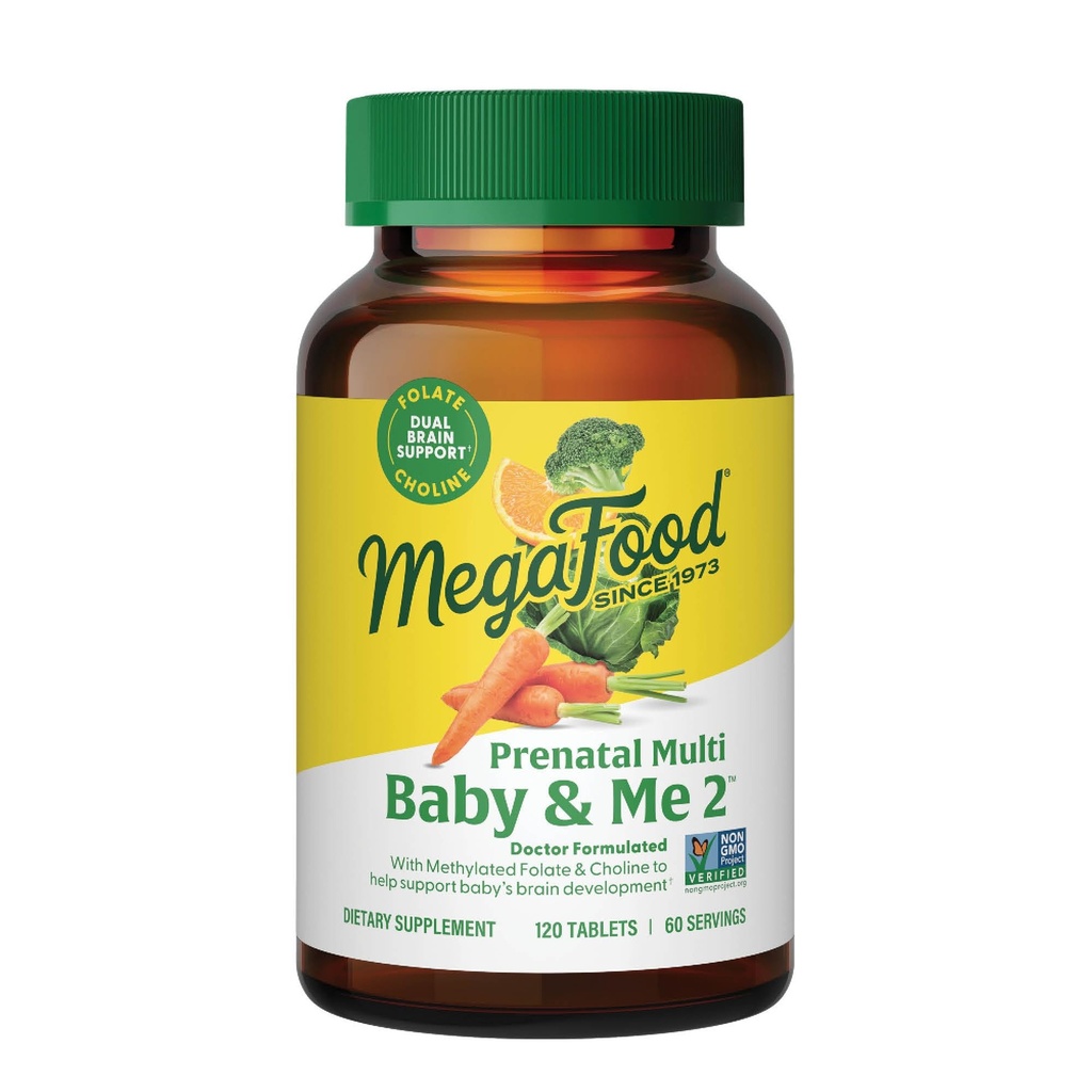 MegaFood Baby & Me 2 Vitamina Prenatale e Minerali - Vitamine per le Donne - con Folate (Folic Acid Natural Form), Choline, Ferro da stiro, Iodio e Vitamina C, Vitamina D e altro - 120 Tabs (60 Serve)