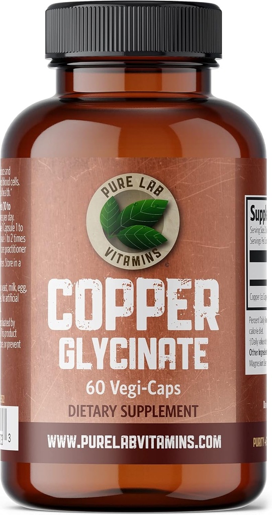 Pure Lab Vitamins Copper Glycinate Mineral Supplement -1 mg - 60 Vegan Caps Essential per la produzione di collagene, Supporta il sistema immunitario & Red Blood Cell Formazione - Gluten Free Made in Canada