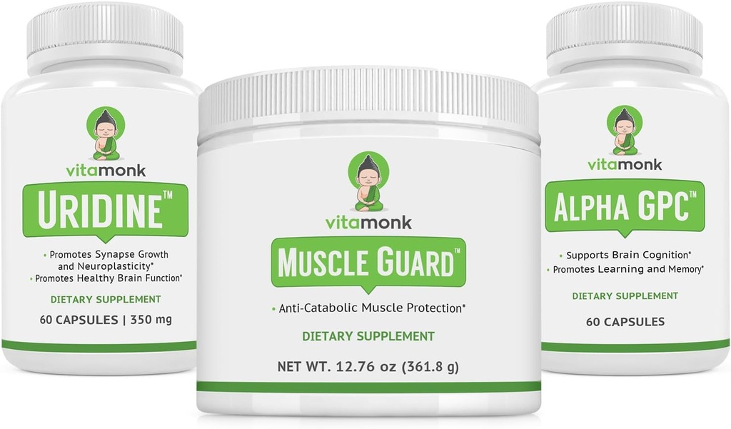 VitaMonk Muscle Guard & Alpha GPC Uridine Stack Bundle, HMB, EAA, Vitamina D, Magnesium & Brain Support for Focus, Clarity, and Muscle Growth