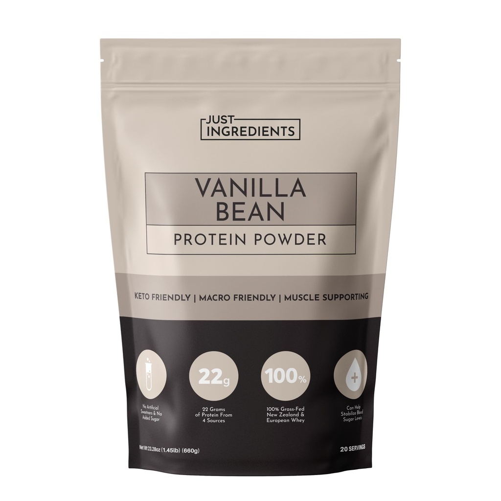 JUST INGREDIENTS Vanilla Bean Protein Powder – 20-Serving Blend with 100% Grass-Fed Whey & Organic Plant Protein – Real Vanilla Bean & Cinnamon – Supporta il recupero muscolare, Energy*