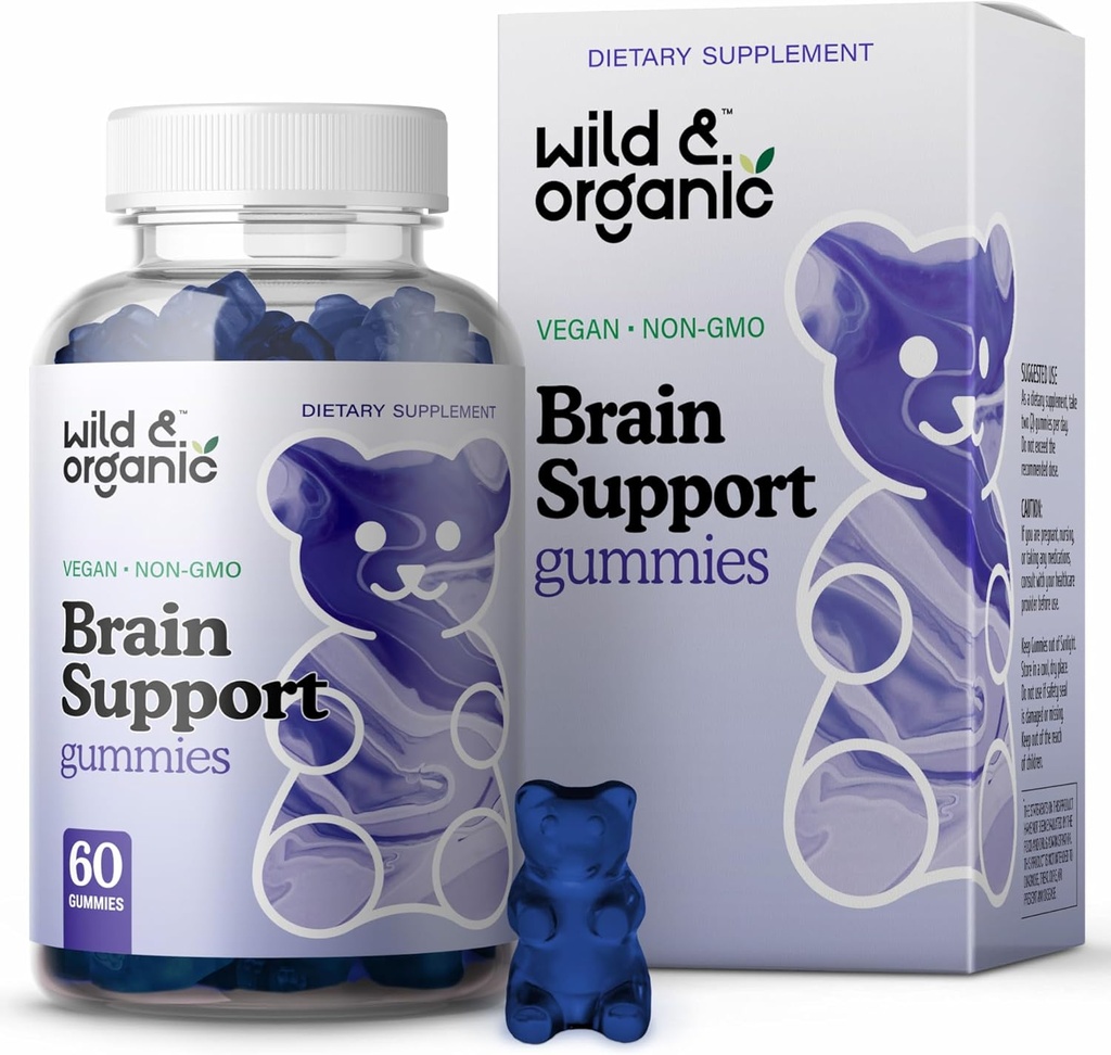 Gummie di sostegno del cervello selvatico e organico - Integratore di messa a fuoco w/Ashwagandha Root, Vitamina B12, Ginkgo Biloba, Bacopa - Vegan Chews for Clarity & produttività - 60 Gummies del cervello