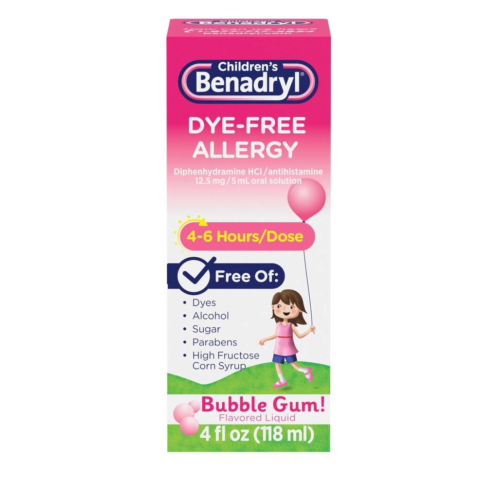 Liquido di sollievo all'allergia alla die-free di Benadryl + 12,5 mg Difeninhydramine HCl, Antistamina Medicina dell'allergia per i bambini aiuta a alleviare Runny Nose & Sneezing, Bubble Gum Flavor, 4 fl. oz