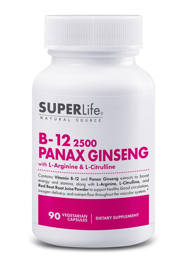 Vitamina B-12 2500 & Panax Ginseng con L-Arginina & L-Citrulline - Potente Booster energetico | Supporta Normal Flow & Energy Metabolism | Supplemento - 90 Capsule