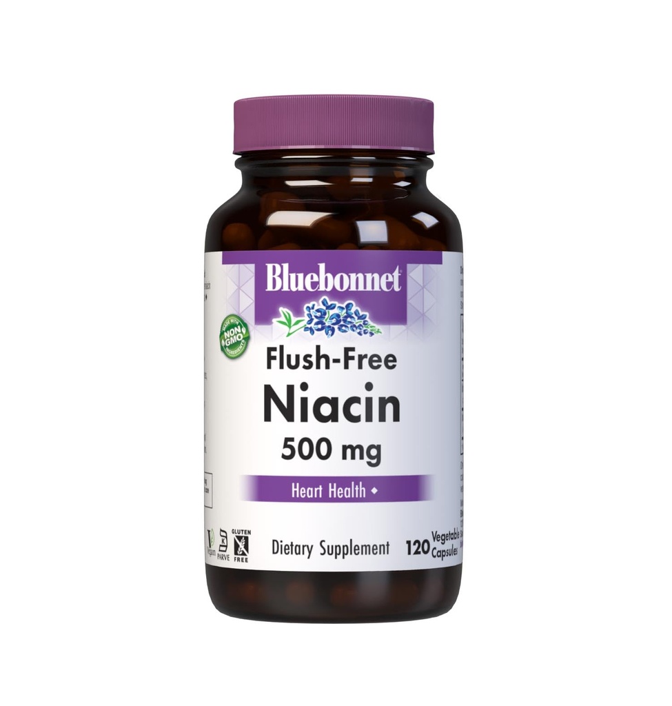 BlueBonnet Nutrition Flush-Free Niacin 500mg, per il supporto cardiovascolare alimentare Capsule vegetali, Soia/Dairy/Gluten Free, Non OGM, Kosher Certified, Vegan, Bianco, 120 Count