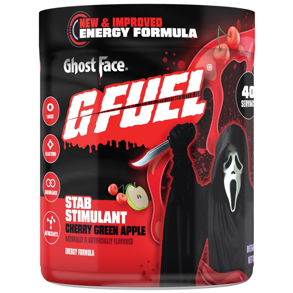 G Fuel Ghost Face Energy Drink Powder, Pre Workout Caffeine Mix for Gaming, Sugar Free Focus Amino, Vitamina + Antiossidanti, 9.9oz (Cherry Green Apple, 40 Servings)