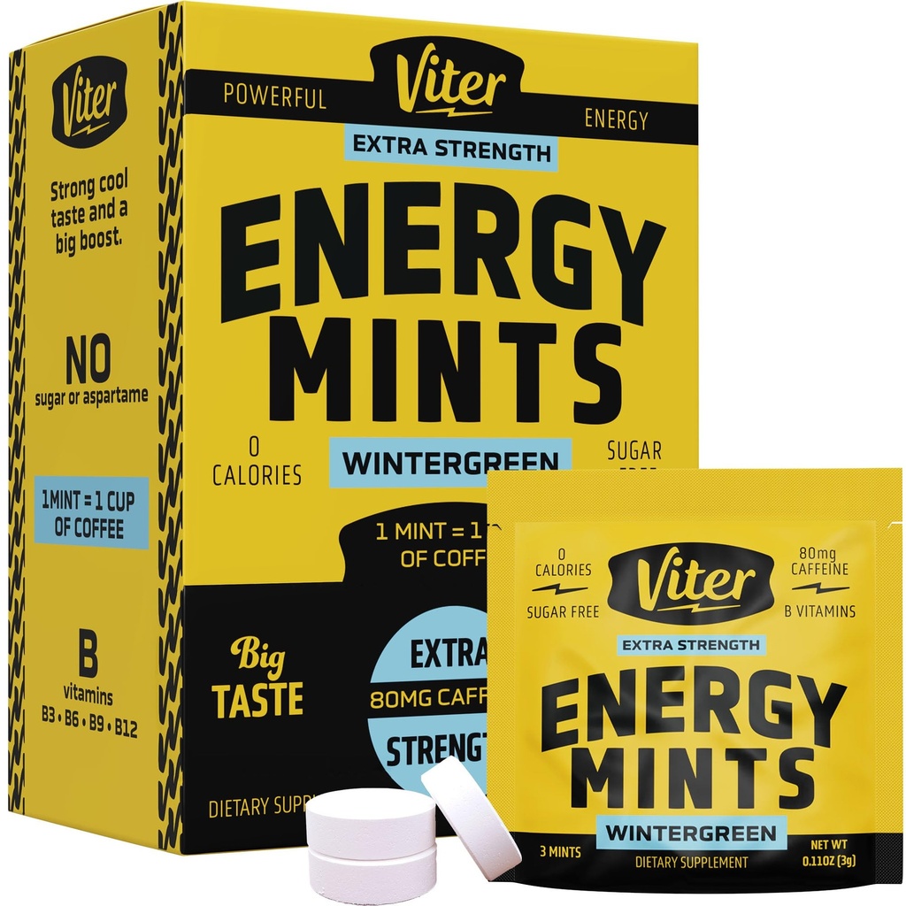 Viter Energy Caffeine Mints 80mg Extra Strength - 90 Pezzi Caffeina con Vitamine B. Zucchero Free Vegan Breath Mint. Energizzare Nootropic Focus Booster per una rapida allerta (Wintergreen Flavor, 30 Pack)