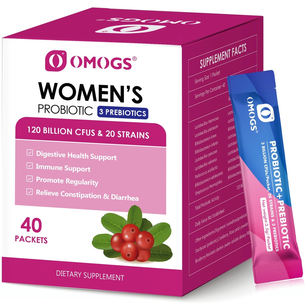 OMOGS Probiotico, 120-Billion-CFUs, 18 Strains, con 3 Prebiotici e estratto di mirtillo, aiuto per Booster immunitario, salute digestiva, salute del fegato e salute vaginale