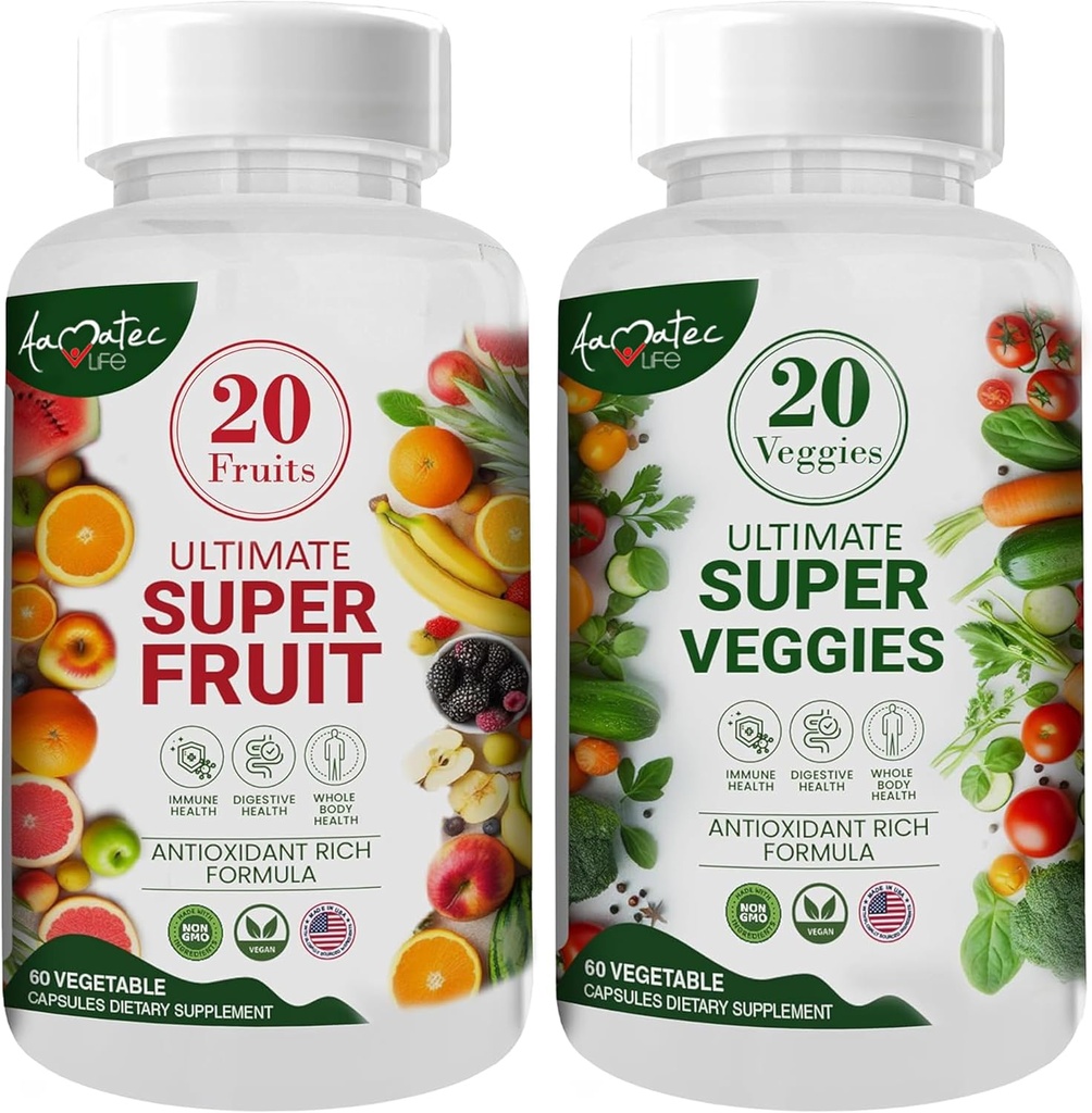 Aamatec Life Fruit and Veggies Integratori con 70 Frutta e Verdura | Integratori Superfood Per Uomo e Donne | Bilancia nutrizionale alimentare | Frutta naturale e Veggie Capsule 120 Capsule