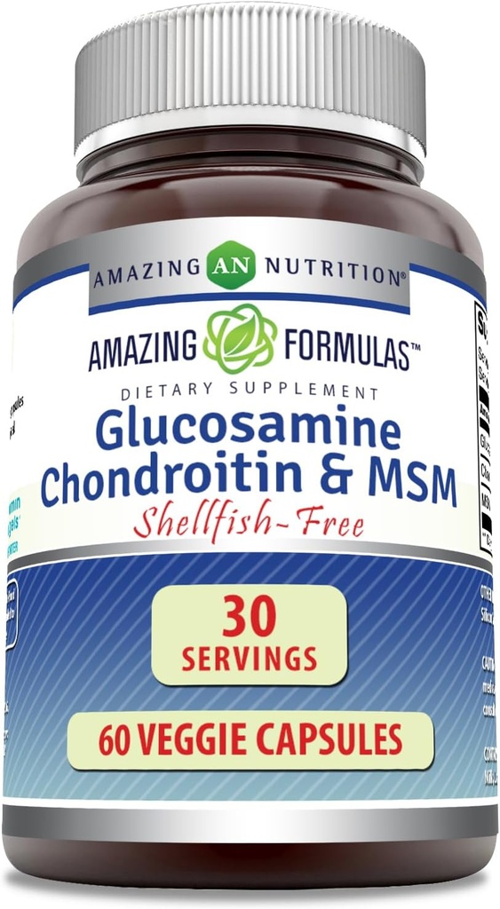 Incredibile Formulas Glucosamine Chondroitin & MSM 60 Veggie Capsule | Shellfish Free | Non-GMO | Gluten Free Made in USA | Ideale per vegetariani