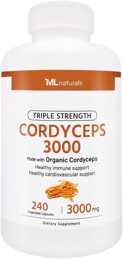 ML Naturals Triple Strength Cordyceps 3000 Realizzato con Cordyceps organici, 240 capsule vegetali. Supporto Immune sano, non OGM, NSF-Certified & cGMP-Compliant Laboratorio di terze parti testato.