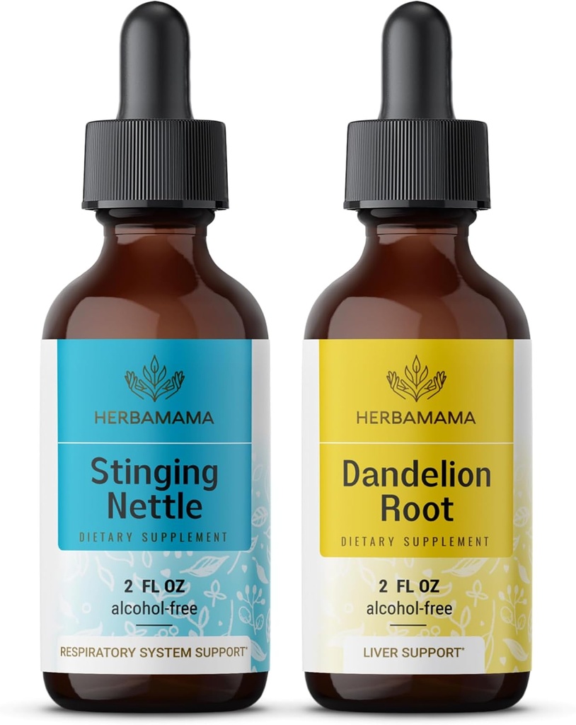 HERBAMAMAMA Kit di gocce di liquido a base di erbe - Bundle di orticaggio & Dandelion Root Tincture 2 fl oz - Vegan, Non OGM, Sugar & Alcohol-Free - 2 Pack