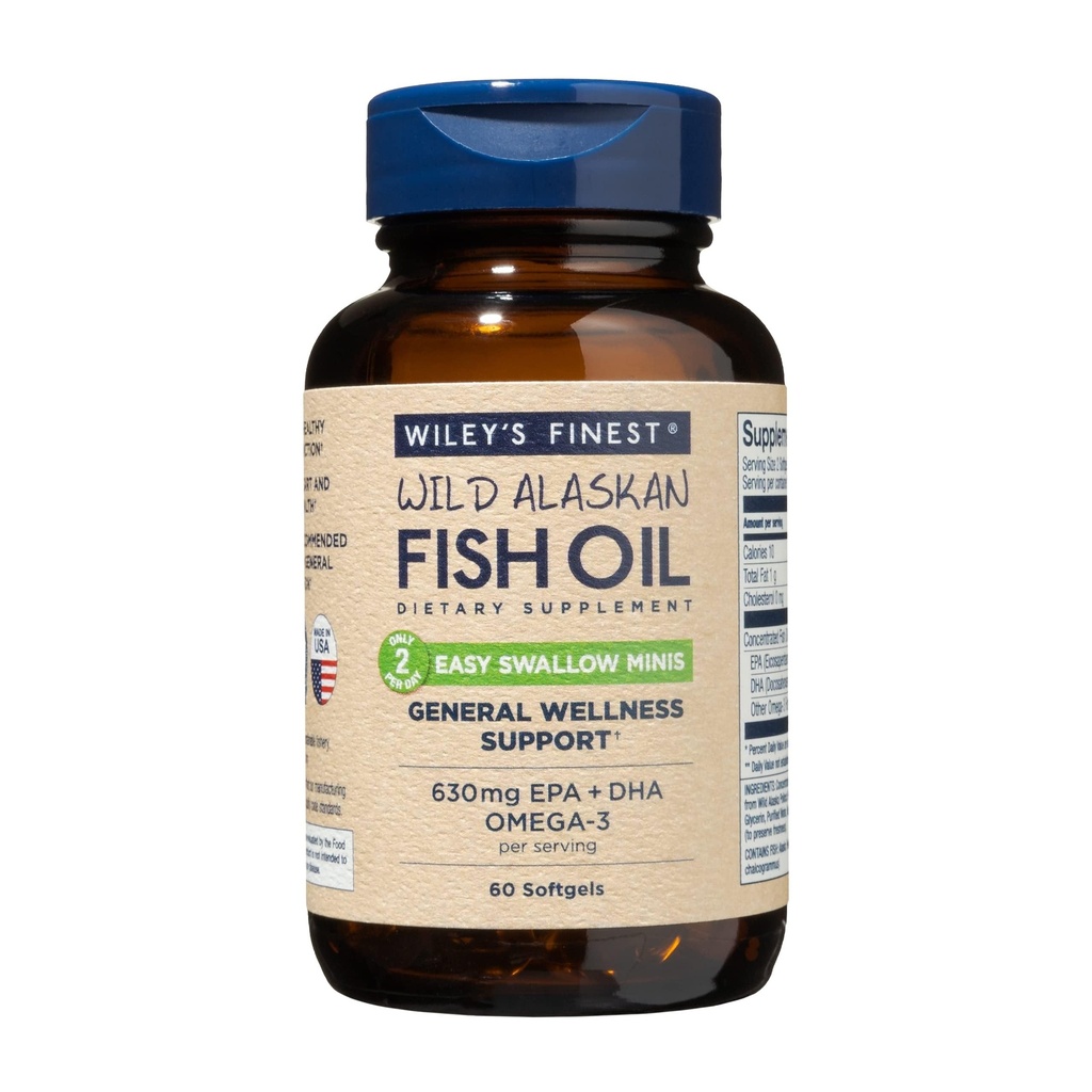 Wiley's Finest Wild Alaskan Fish Oil Easy Swallow Minis - Omega-3 Fish Oil Supplement per adulti e bambini - Double-Strength 630mg EPA e DHA Natural Supplement - 60 Mini Softgels (30 Serve)