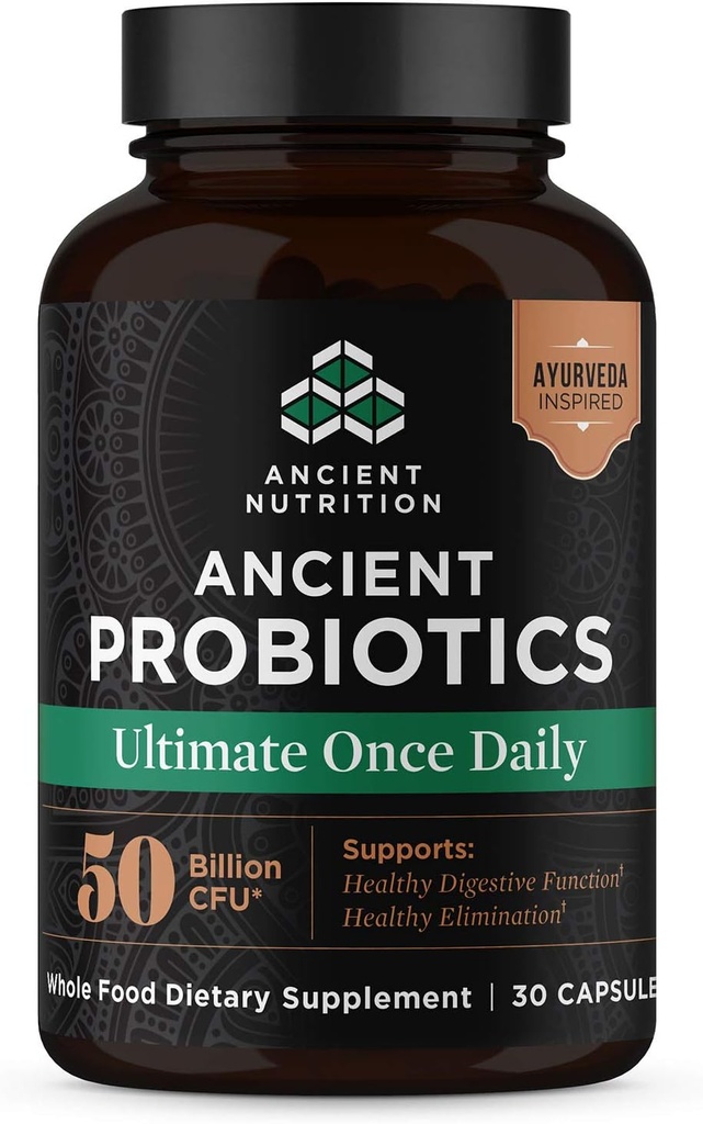 Antichi Probiotici Nutrizione, Ultimate with Turmeric, Ginger e Fenugreek, Supporta funzioni digestive, riduce la diarrea, costipazione, Bloating, Superfoods Blend, 50 miliardi di CFU*, 30 capsule