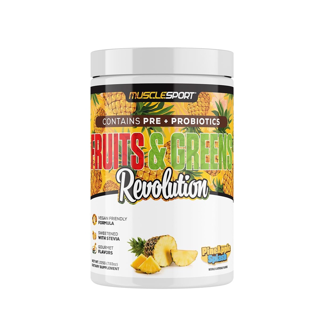 Musclesport Fruits & Greens - Frutta, Verdura e Antiossidante Supplemento, Compreso erba di grano e Spirulina, Aggiunto Fibra e Probiotici - 30 Serve (Pineapple Splash)