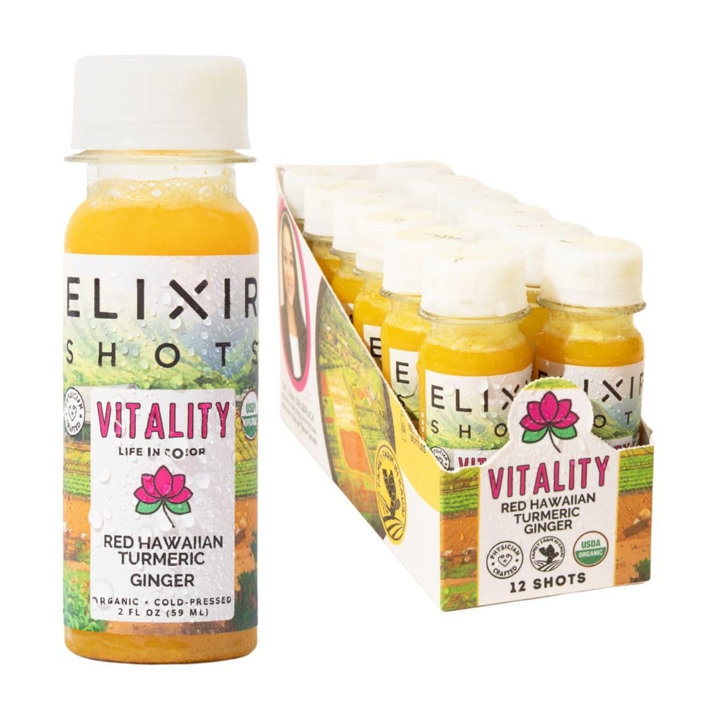 Elixir Shots, Vitality Immunity Wellness Shot with 100% Organic Ingredients, Freddo-Pressed Red Hawaiian Turmeric, Peruvian Ginger, Ananas and Black Pepper, No Sugar or Artificial Additives, 12 Pack