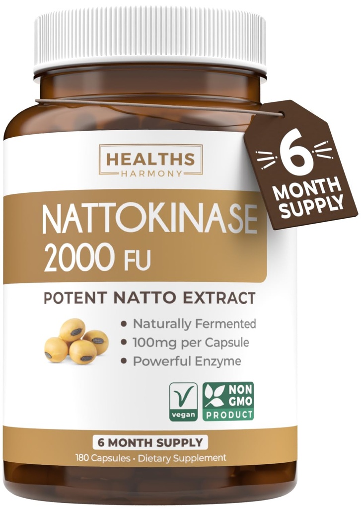 Sanità Harmony Nattokinase 2000 FU (non OGM) Potente Nattokinase Supplemento Fatto da Soia naturalmente Fermented - (6 mesi di fornitura) 180 Vegan Natto Capsule