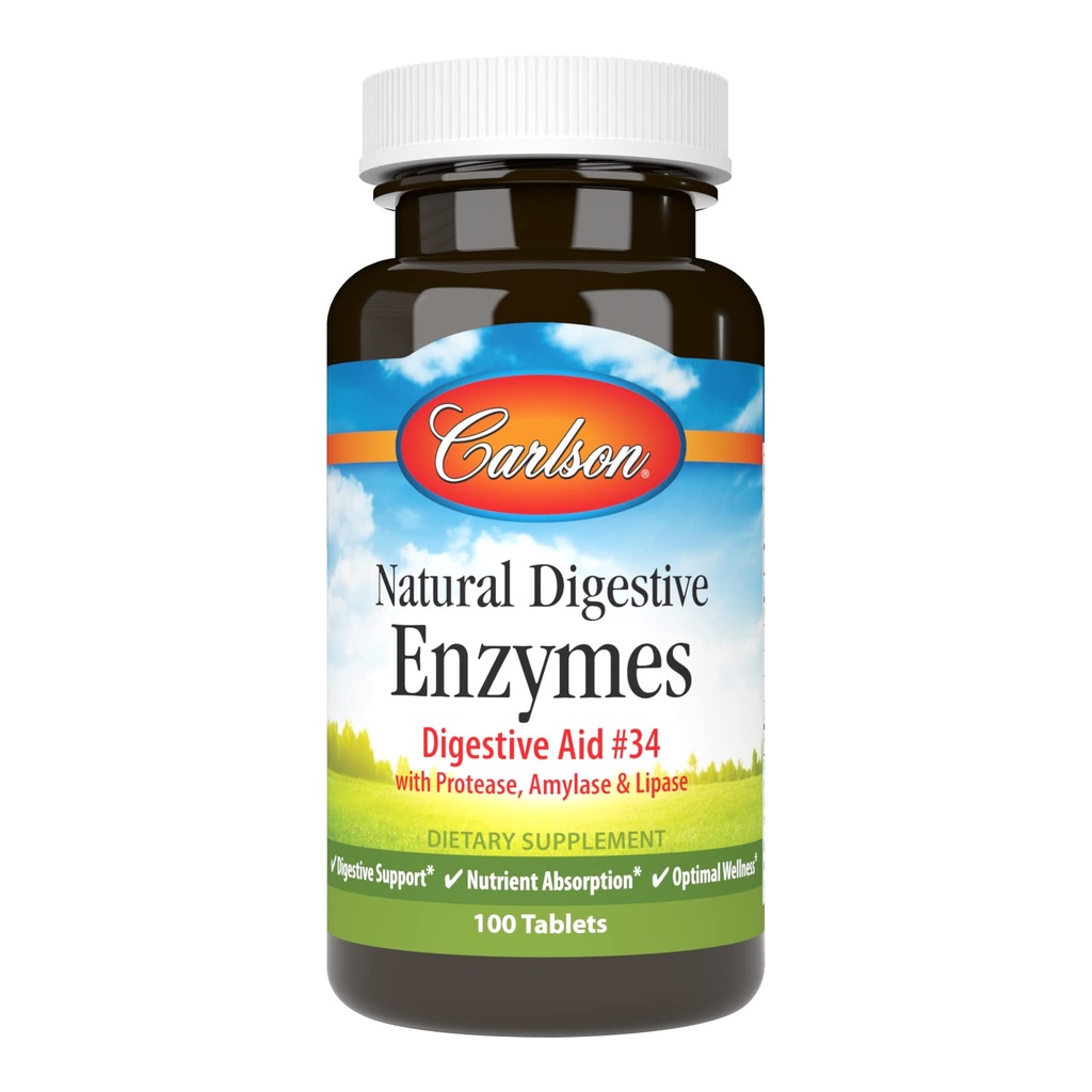 Carlson - Natural Digestive Enzymes, Digestive Aid #34 con Protease, Amylase & Lipase, Supporto Digestivo, Assorbimento Nutriente e Benessere ottimale, 100 compresse