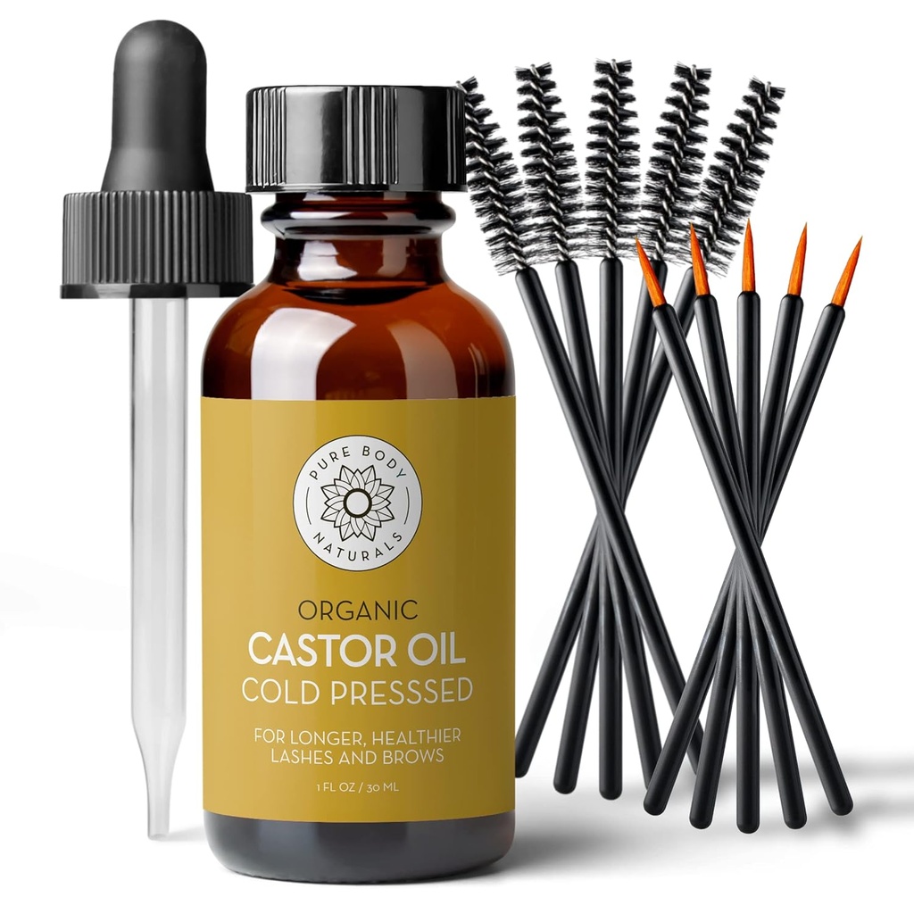 Pure Body Naturals Castor olio per sopracciglia e sopracciglia - 1 Fl Oz Nourishing Brow & Lash Growth Serum - Organic, Hexane Free, Cold Pressed, Unrefined - Siero di crescita sopracciglia e sopracciglia per le donne