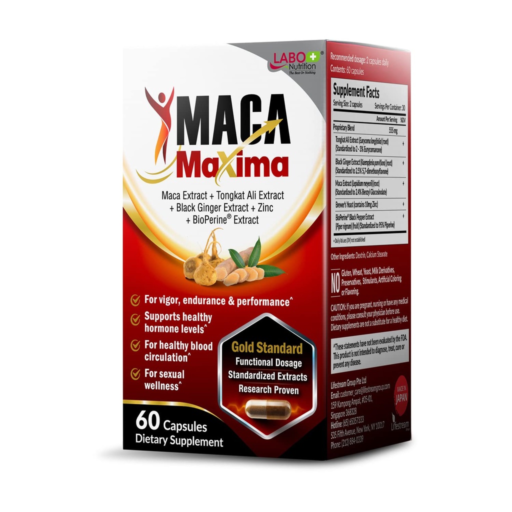 LABO Nutrition MacaMaxima Peruvian Maca Root, Tongkat Ali, Zenzero Nero, Zinco e Pepe Nero Supplemento per Uomini e Donne, Supporta la salute riproduttiva, Energia, Stamina- Non OGM, Vegan Pills