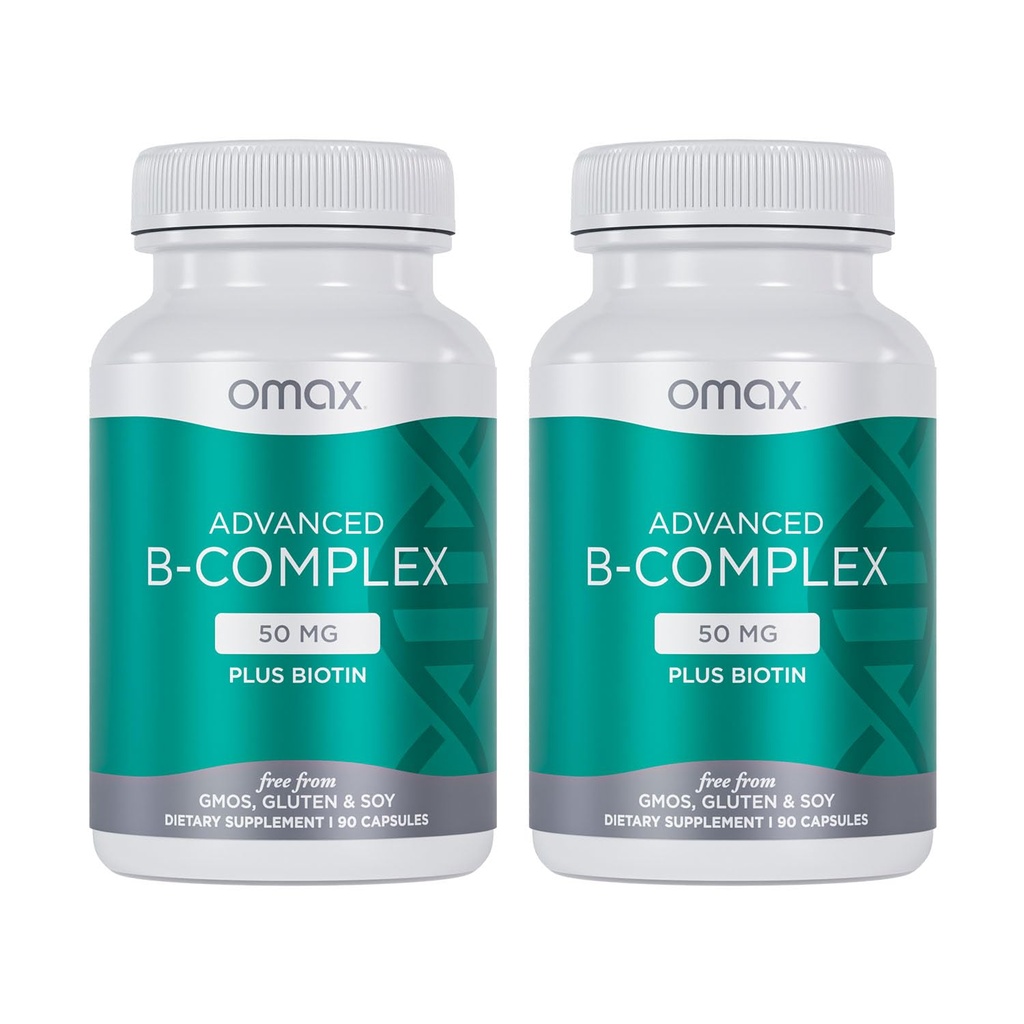 Omax3 2 Bottiglie - Advanced Vitamin B Complex 50MG con Biotin | Strong & Shiny Hair, Unghie Pelle, Supporto Stress, Immunità, Metabolismo Energetico, 90 Capsule/per Bottiglia
