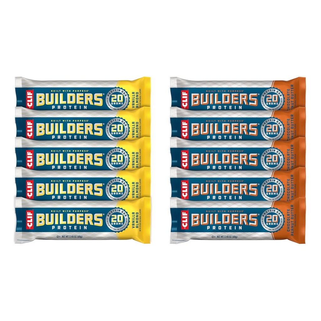 Costruzionisti CLIF - Burro di arachidi al cioccolato e aroma di mandorla alla vaniglia - Varietà Pack - Barre proteiche a base vegetale - Gluten Free - Non-GMO - Basso glicemico - 20g Protein - 2.4 oz. (10 Conte)