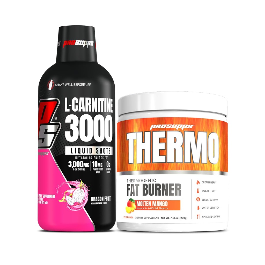 PROSUPPS L-carnitina 3000 Stimolant Liquid Shots (31 Serve, Dragon Fruit) e Thermo Fat Burning Thermogenic Powder (25 Servings, Molten Mango) Bundle