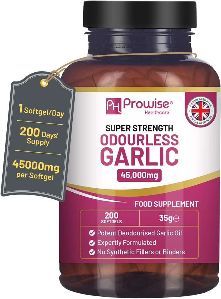 Premium Odourless Aglio capsule | 45.000mg per softgel | 200 softgels (non Tablets) Super ad alta resistenza | Pressato a freddo e Deodourizzato Olio Premium Aglio estratto da Allium Sativum