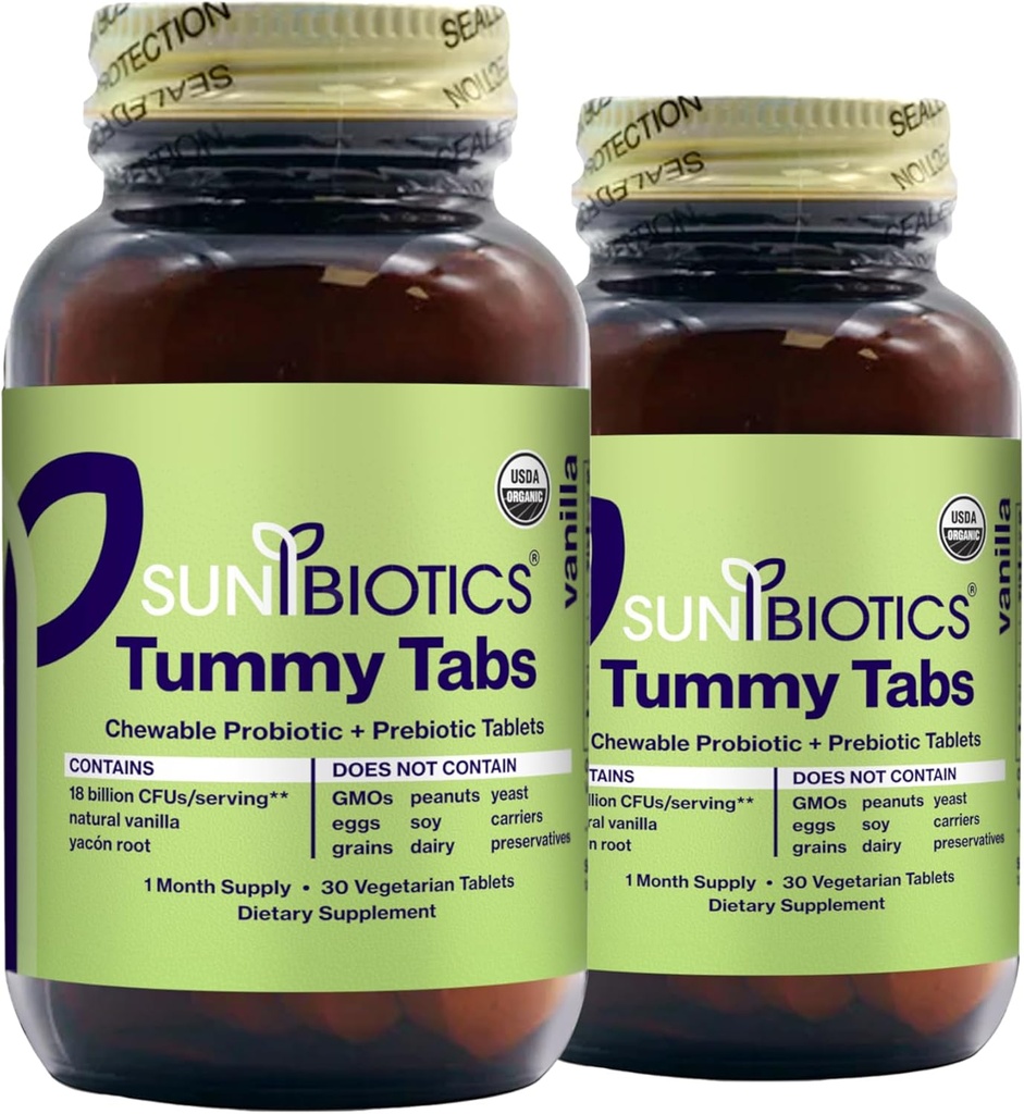 SUNBIOTICS Tummy Tabelle - Chewable Probiotic e Prebiotici con 18 miliardi di CFU di 4 Strains Probiotici per Buona Gut Flora, Immune System, & Balanced Microbiome - Vanilla, (Pack of 2)