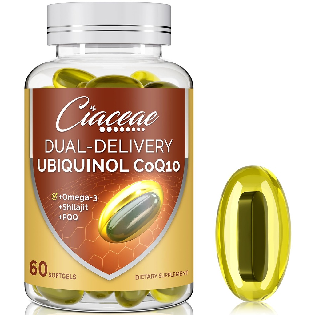 Ubiquinol CoQ10 600 MG Softgels con Omega-3 & Shilajit & PQQ, Advanced Dual-Delivery Coenzyme-Q10, Active CoQ10 Ubiquinol Supplemento per fertilità, antiossidante, cuore, cervello & energia, 60 Serve