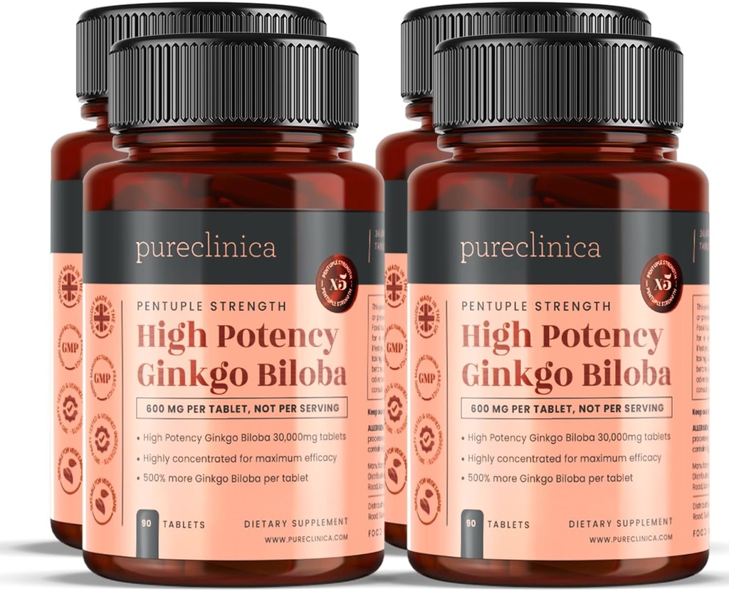 pureclinica alta potenza Ginkgo Biloba 30.000mg x 360 compresse (4 bottiglie di 90) - 12 mesi di fornitura - 5 volte La forza dei prodotti concorrenti