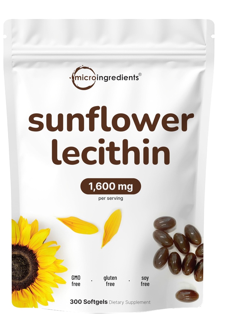Micro Ingredienti Lecitina di girasole 1,600mg Per Serving, 300 Softgels | Sorgente coltivata sostenibile, Pressata a freddo, Ricco in Phosphatidyl Choline | Supplemento di lattazione* | Soy Free, Non OGM